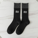 Light Ribbed Crew Socks with Rolled Cuff - Black