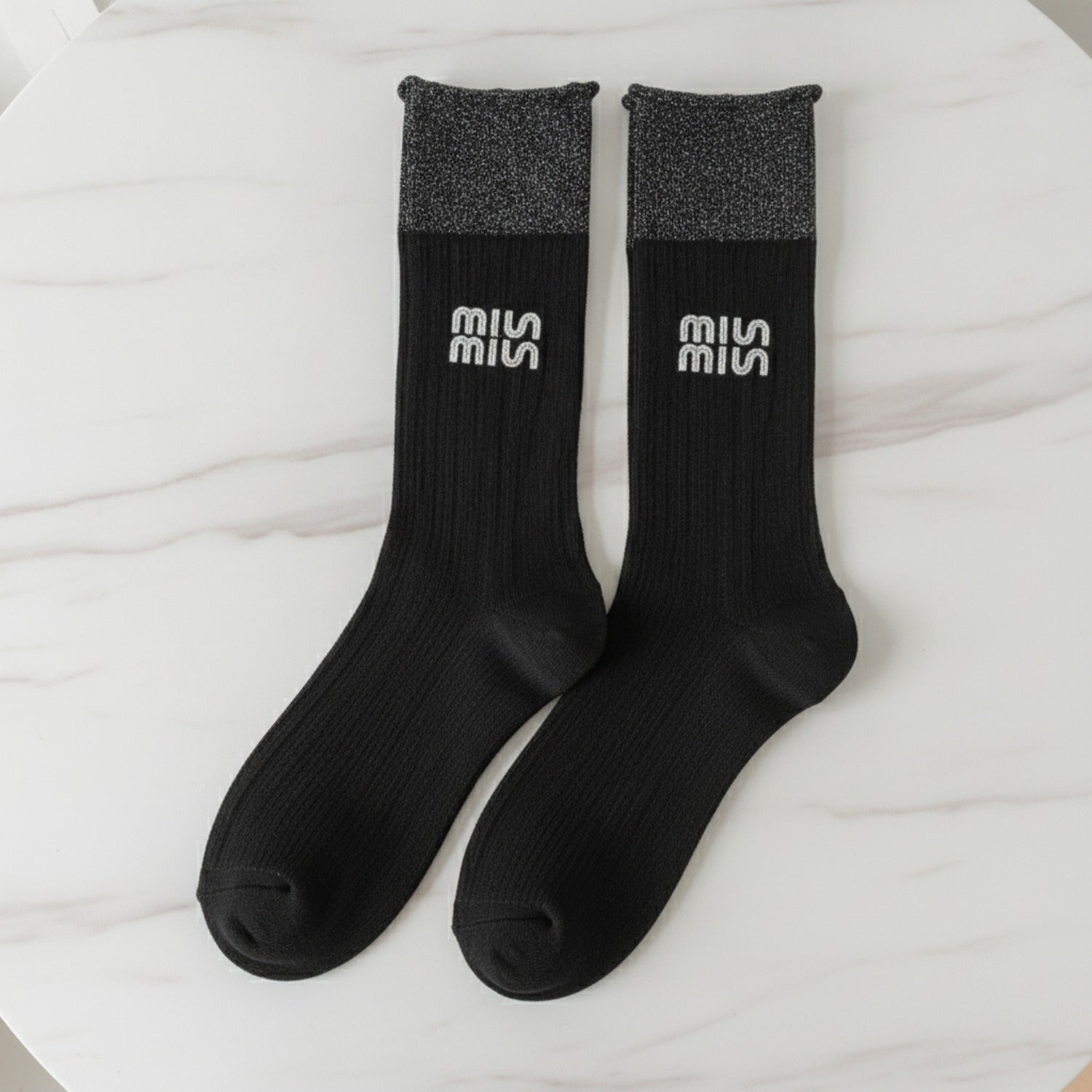 Light Ribbed Crew Socks with Rolled Cuff - Black