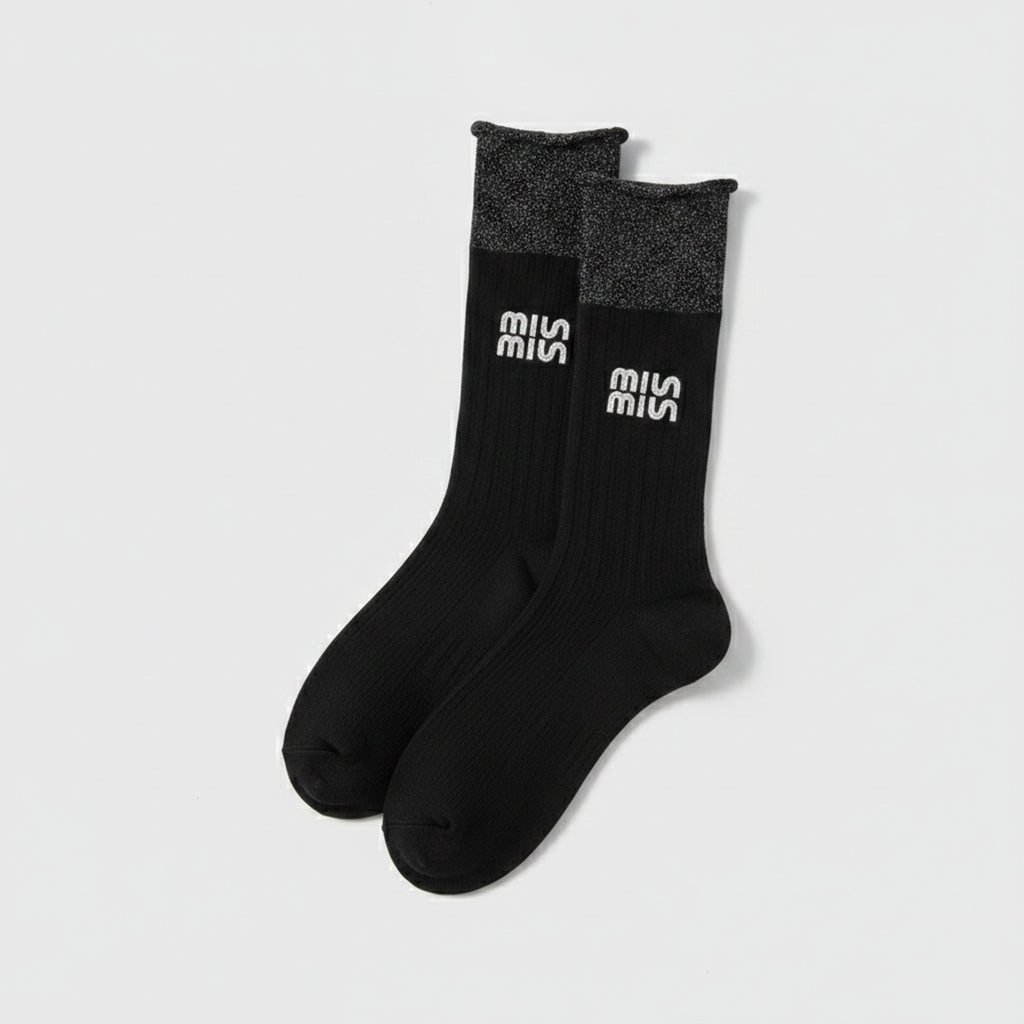Light Ribbed Crew Socks with Rolled Cuff - Black
