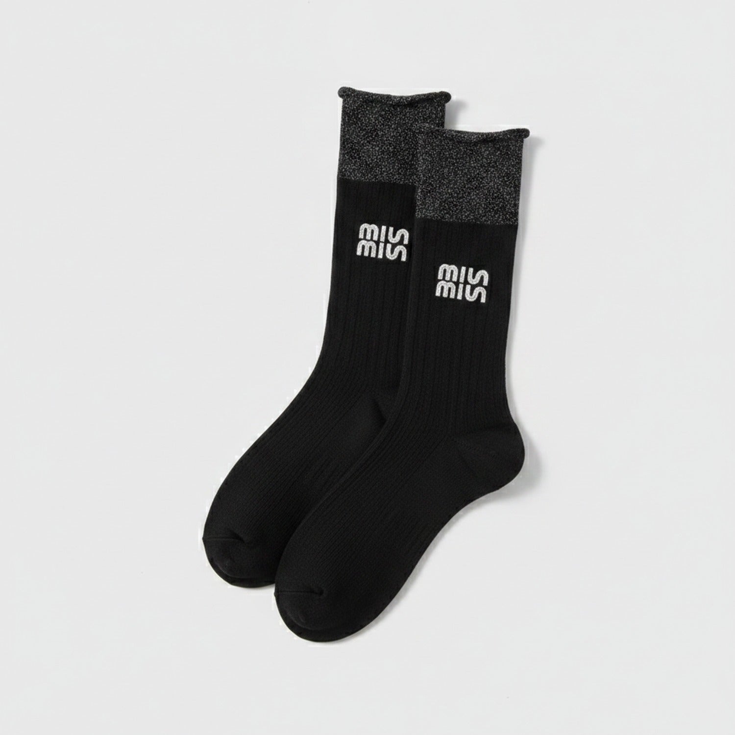 Light Ribbed Crew Socks with Rolled Cuff - Black