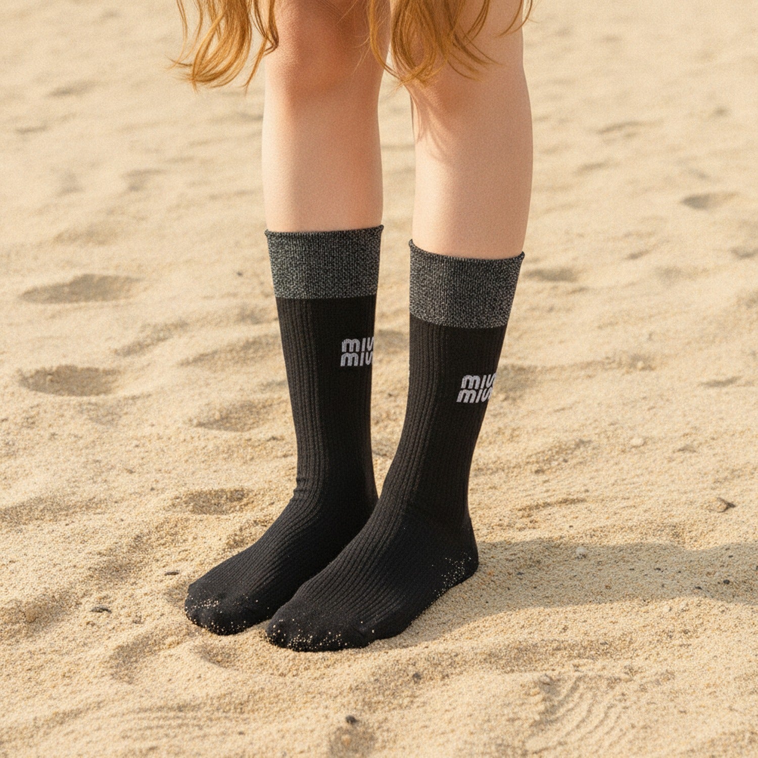 Light Ribbed Crew Socks with Rolled Cuff - Black