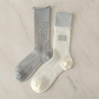 Light Ribbed Crew Socks with Rolled Cuff - Gray