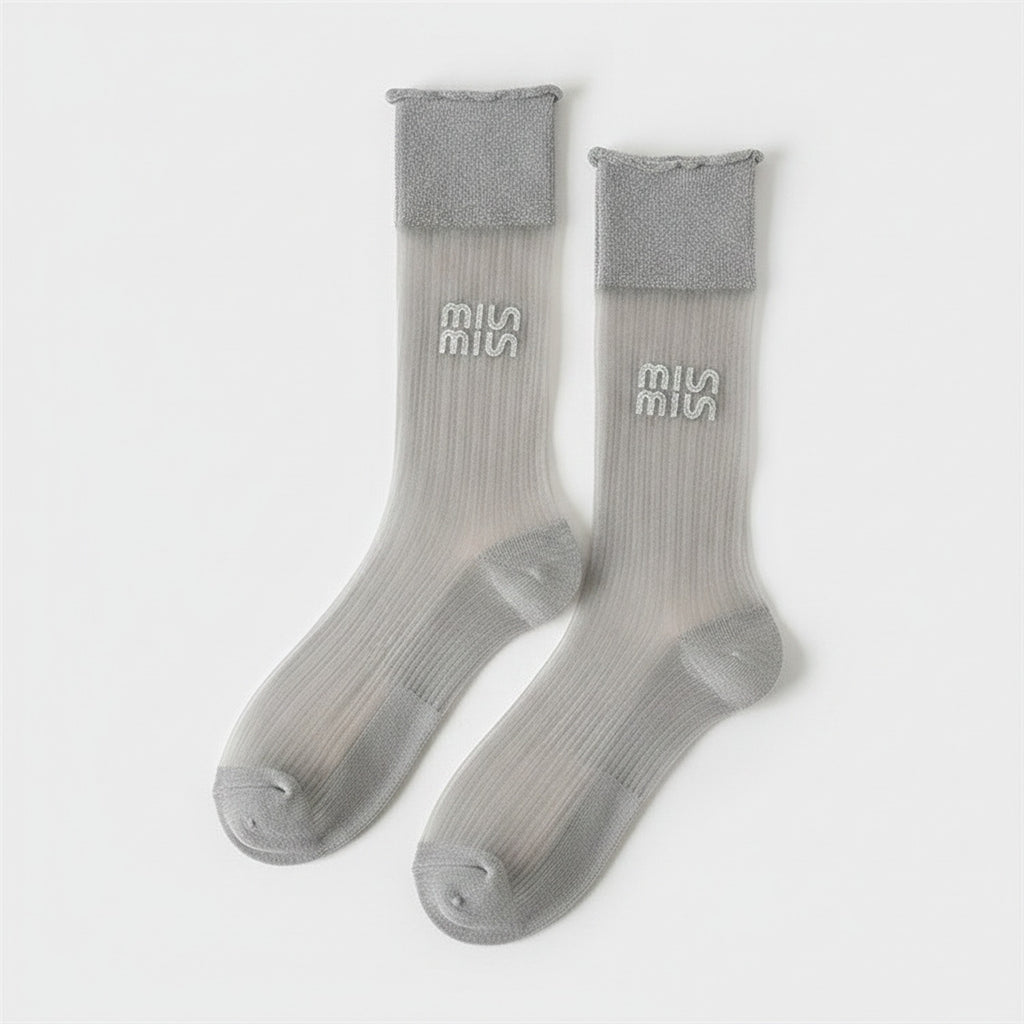 Light Ribbed Crew Socks with Rolled Cuff - Gray
