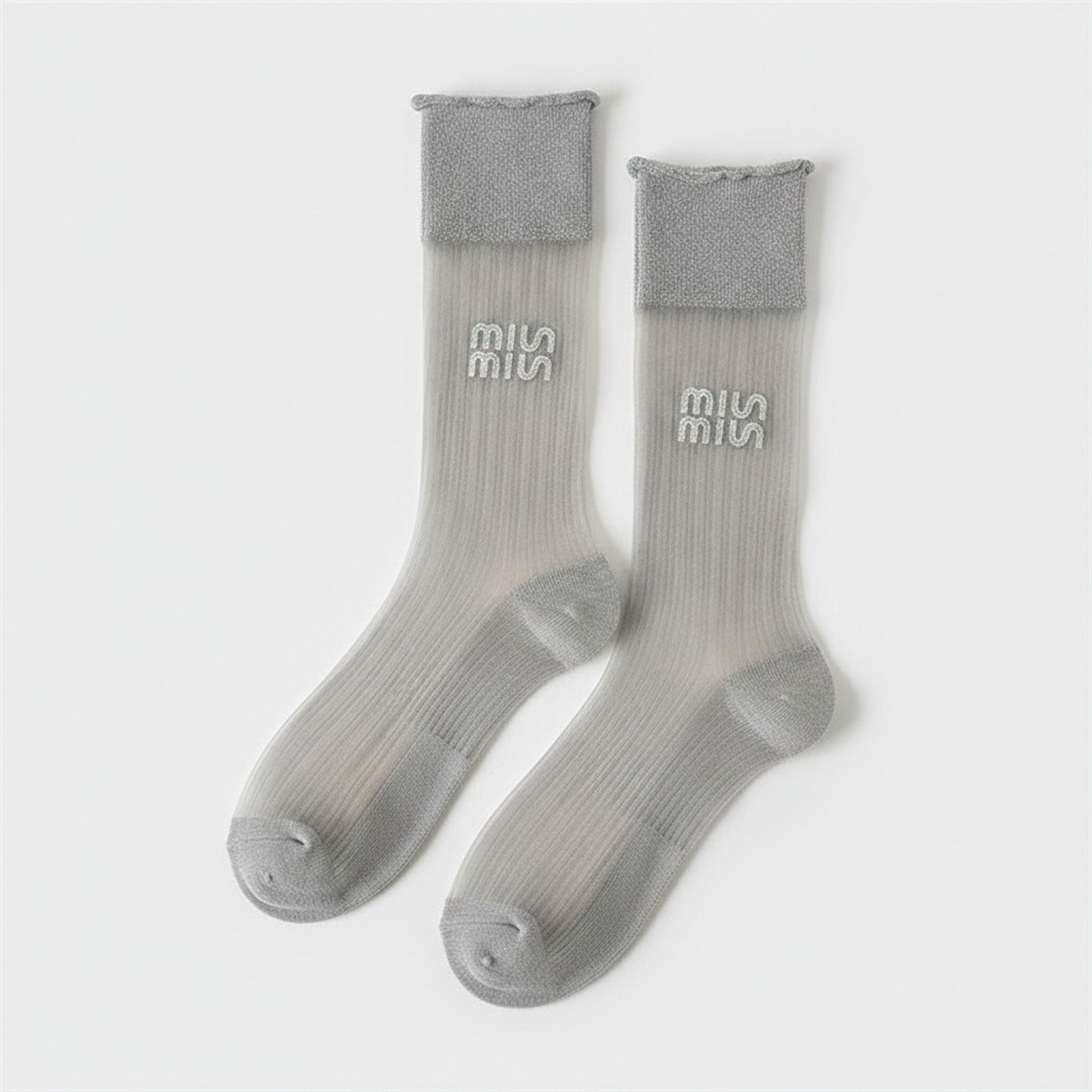 Light Ribbed Crew Socks with Rolled Cuff - Gray