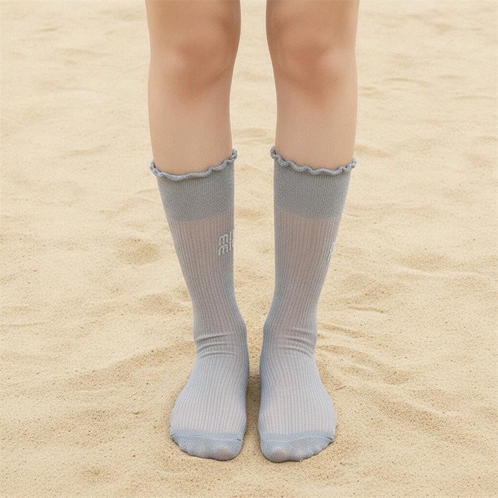 Light Ribbed Crew Socks with Rolled Cuff - Gray