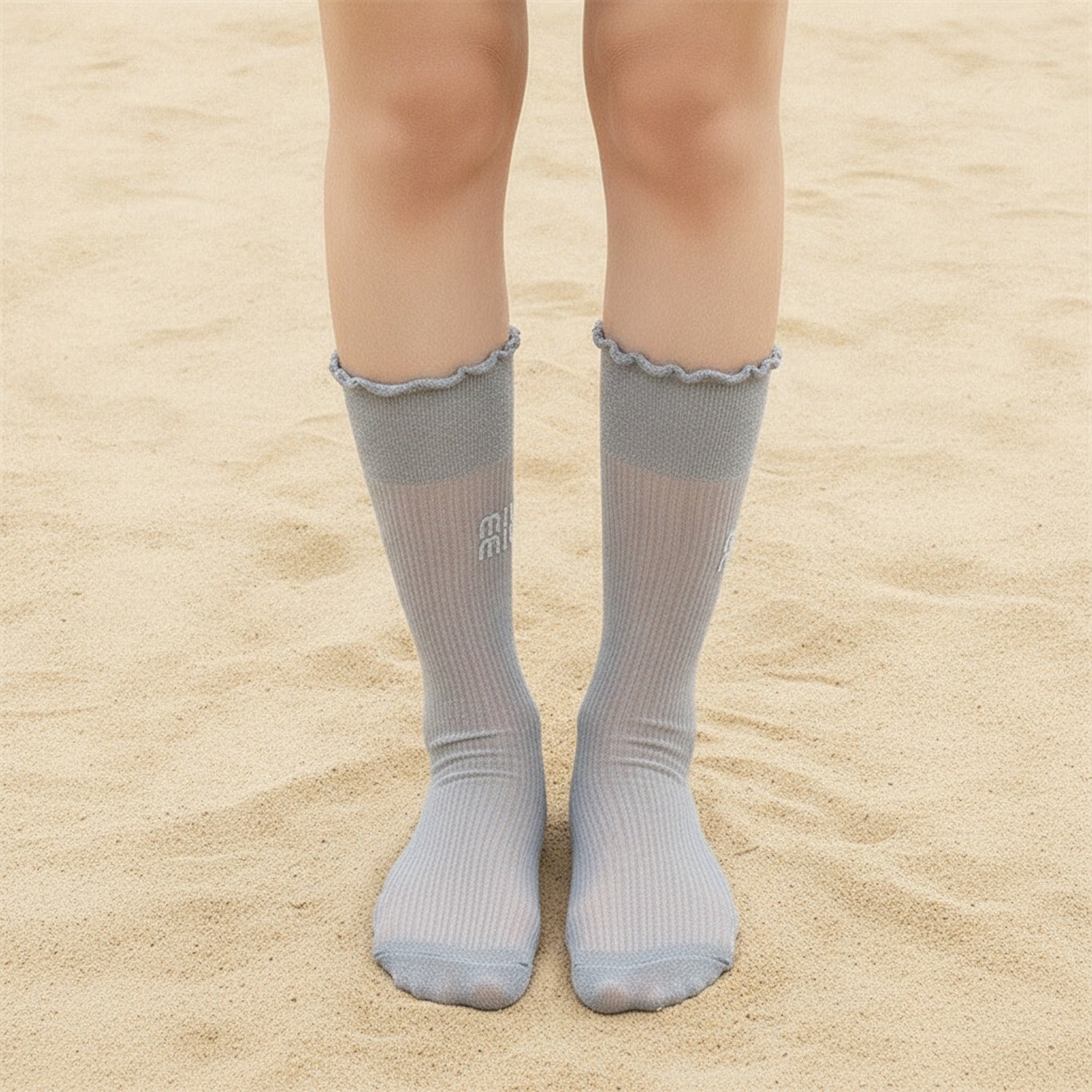 Light Ribbed Crew Socks with Rolled Cuff - Gray