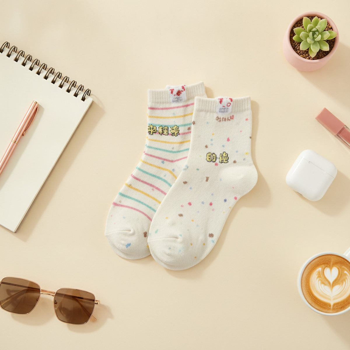 Cream Polka Dot Ankle Socks – apparel accessories (view 3)