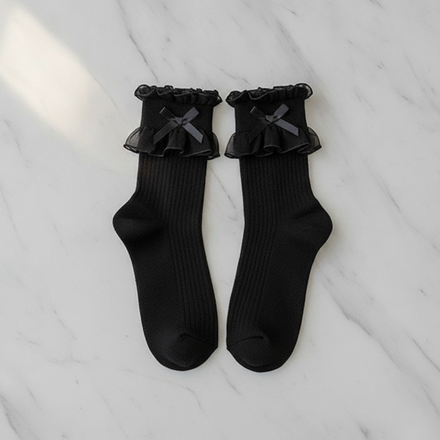 Black Ruffle Bow Trim Crew Socks - Black