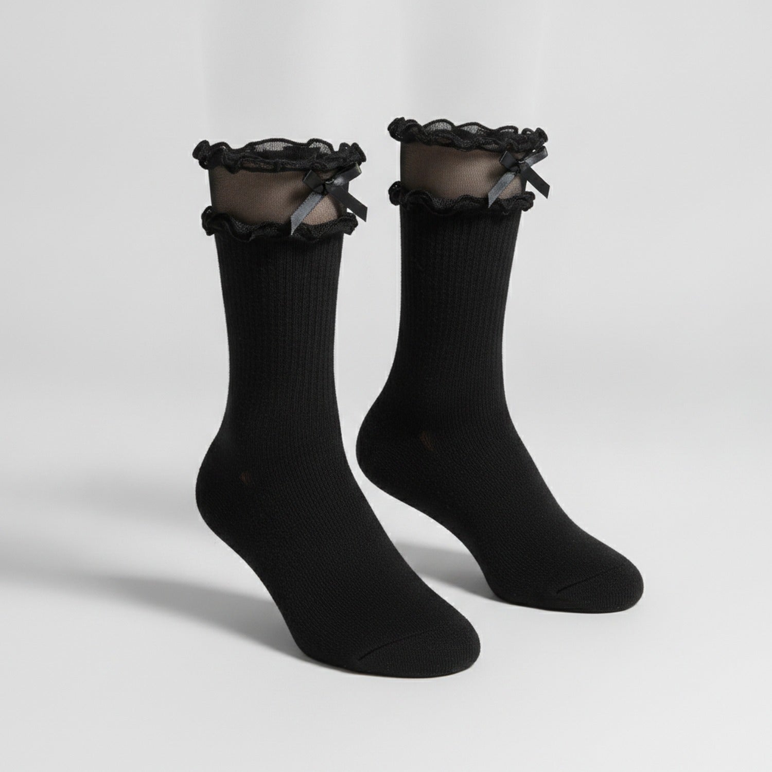 Black Ruffle Bow Trim Crew Socks - Black