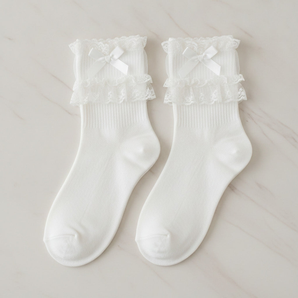 Ruffle Bow Trim Crew Socks - White