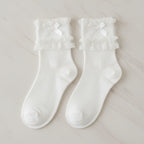 Ruffle Bow Trim Crew Socks - White