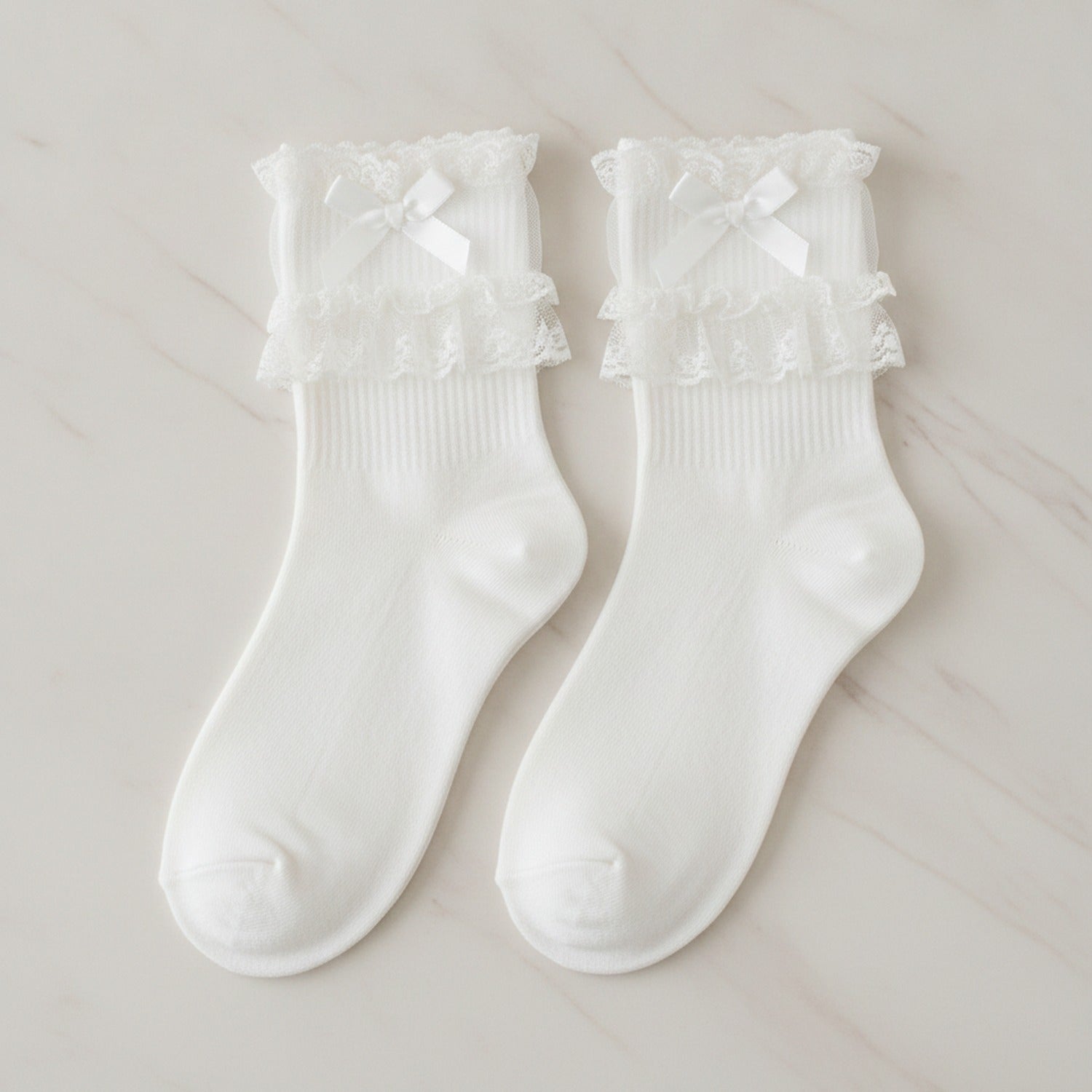 Black Ruffle Bow Trim Crew Socks - White
