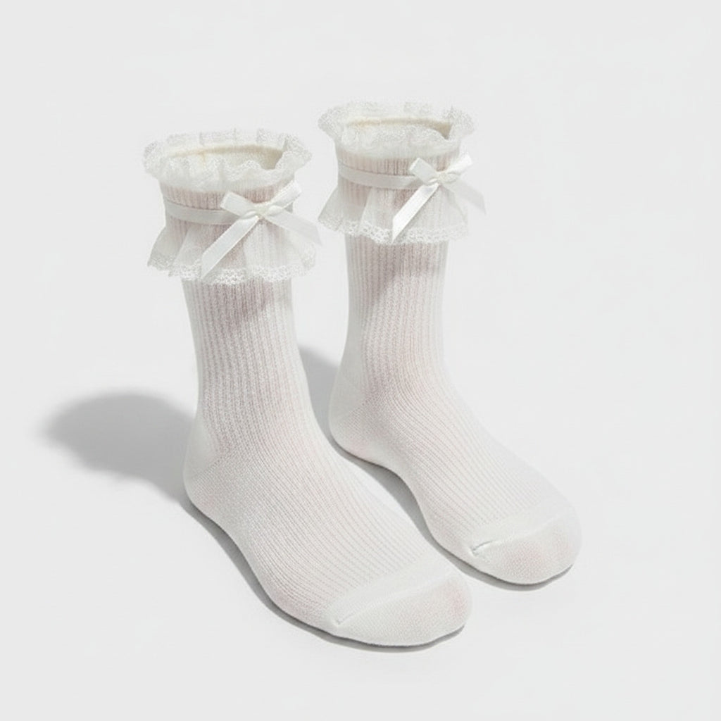 Ruffle Bow Trim Crew Socks - White