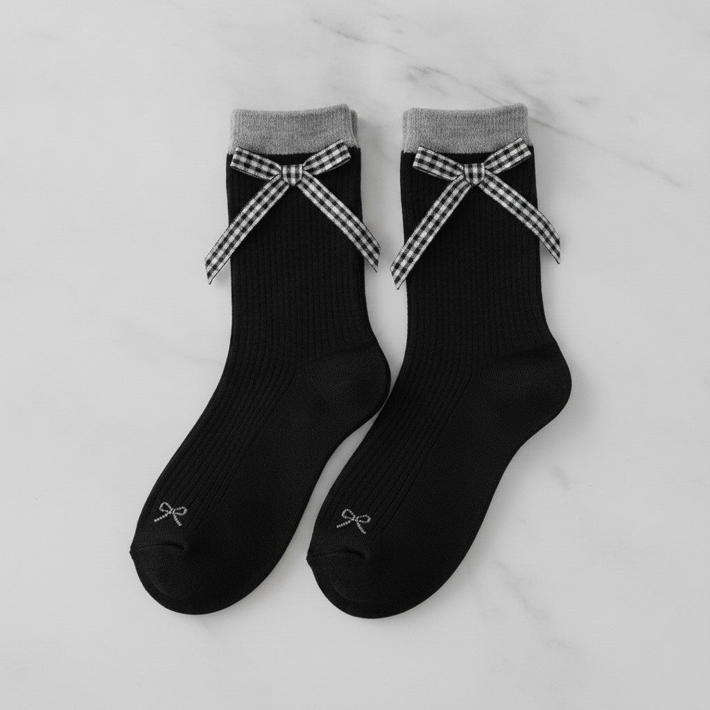 Black Gingham Bow Crew Socks