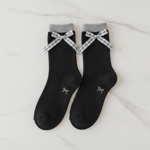 Black Gingham Bow Crew Socks