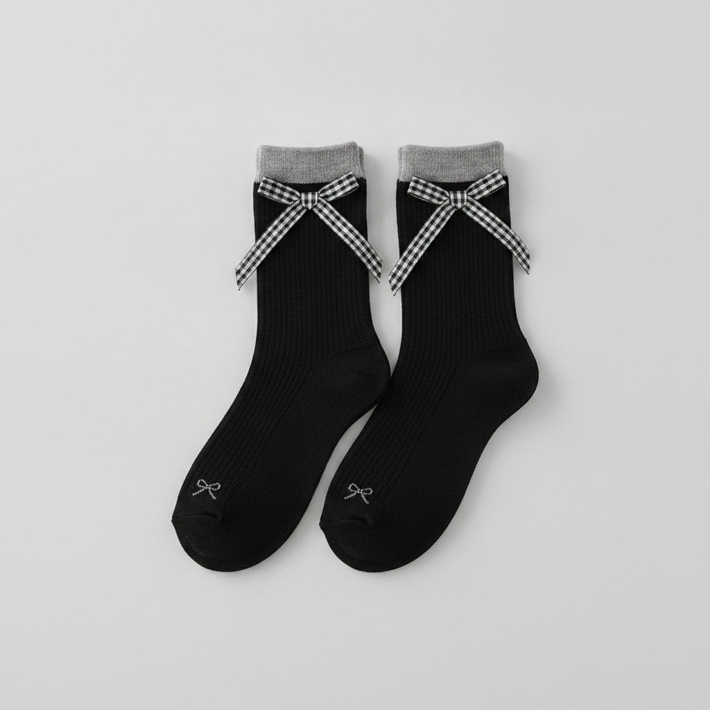 Black Gingham Bow Crew Socks