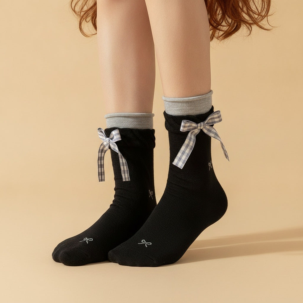Black Gingham Bow Crew Socks