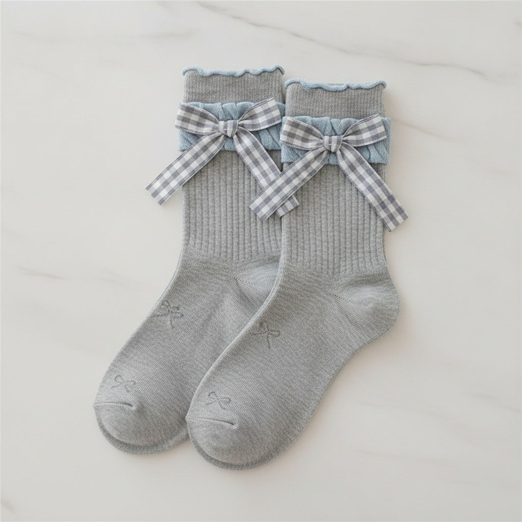 Ruffle Socks With Bows - Gray