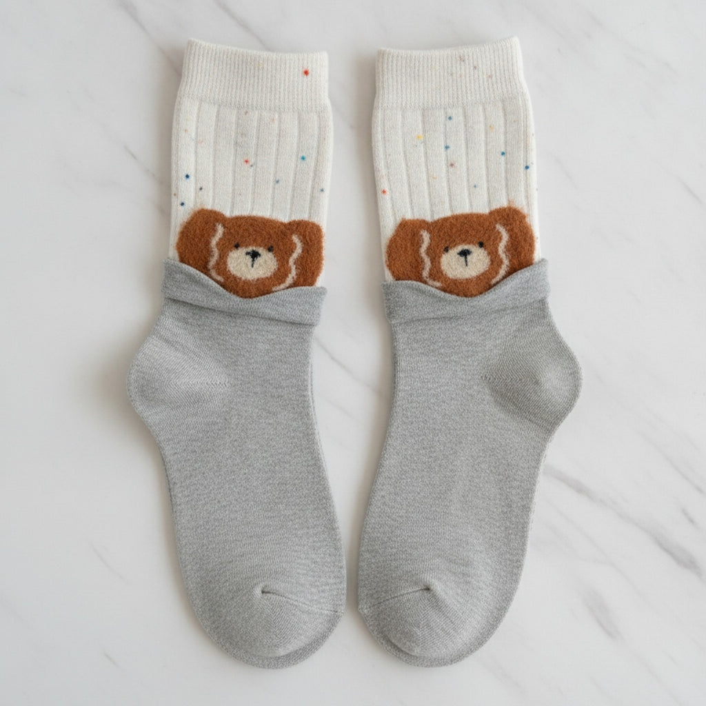 Light Gray Bear Patch Crew Socks