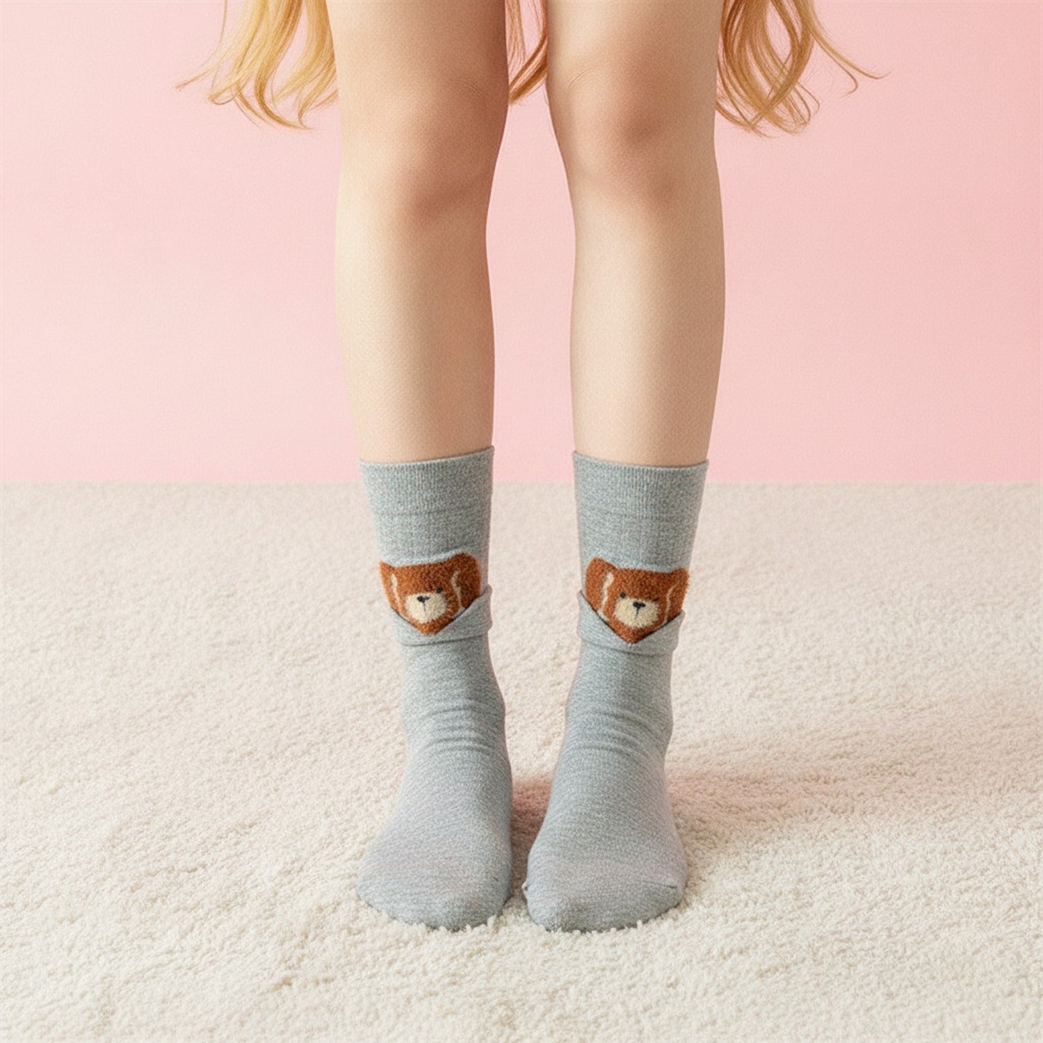 Light Gray Bear Patch Crew Socks