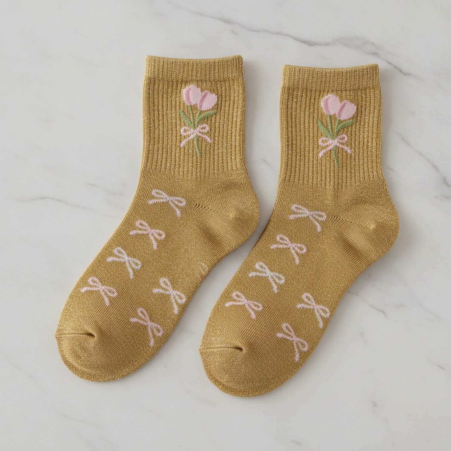 Gold Tulip Bow Crew Socks