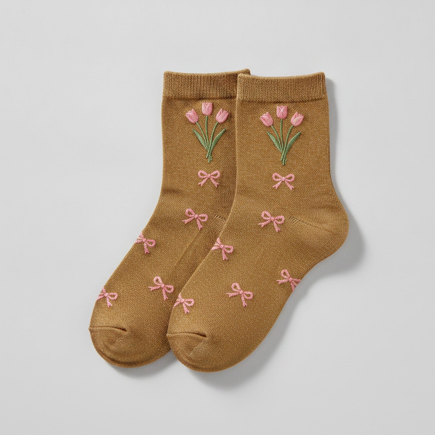 Gold Tulip Bow Crew Socks