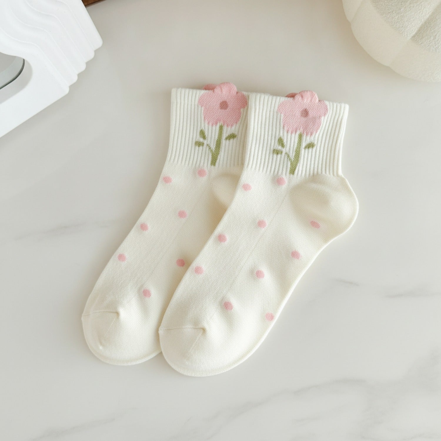 White Flower Polka Dot Crew Socks