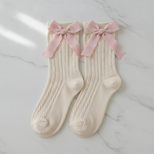 Beige Cable Knit Bow Crew Socks