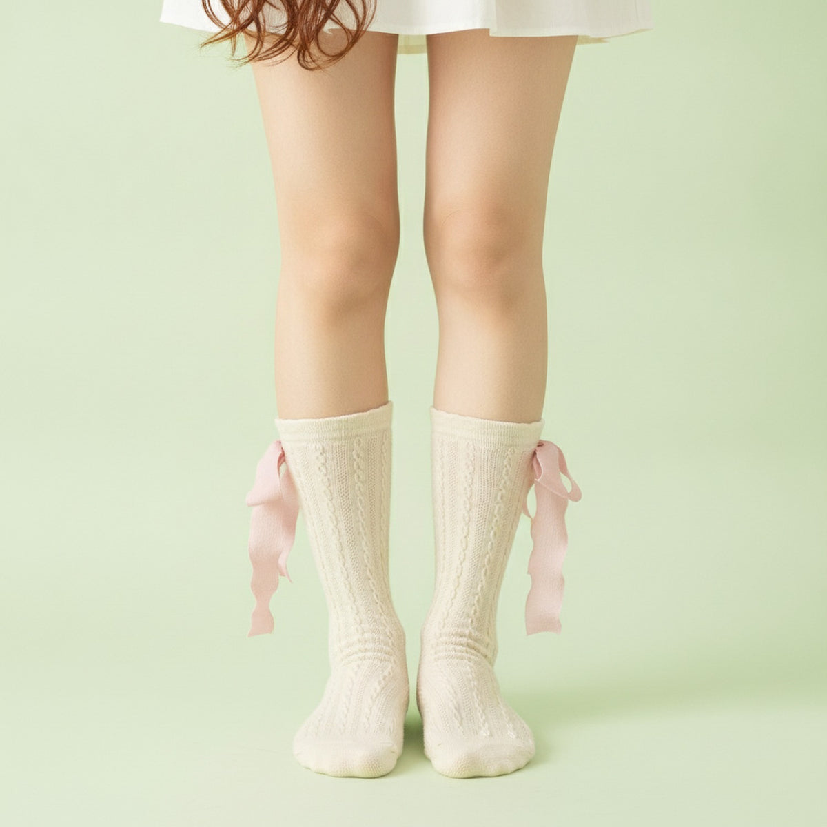 Beige Cable Knit Bow Crew Socks – apparel accessories (view 3)