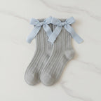Cable Knit Socks With Bow - Light Gray