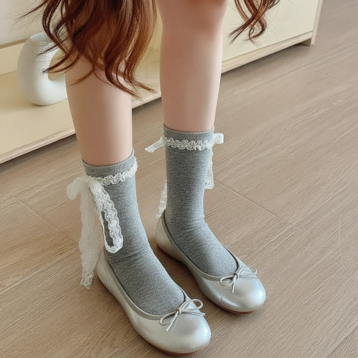 Gray Lace Bow Crew Socks – apparel accessories (view 3)