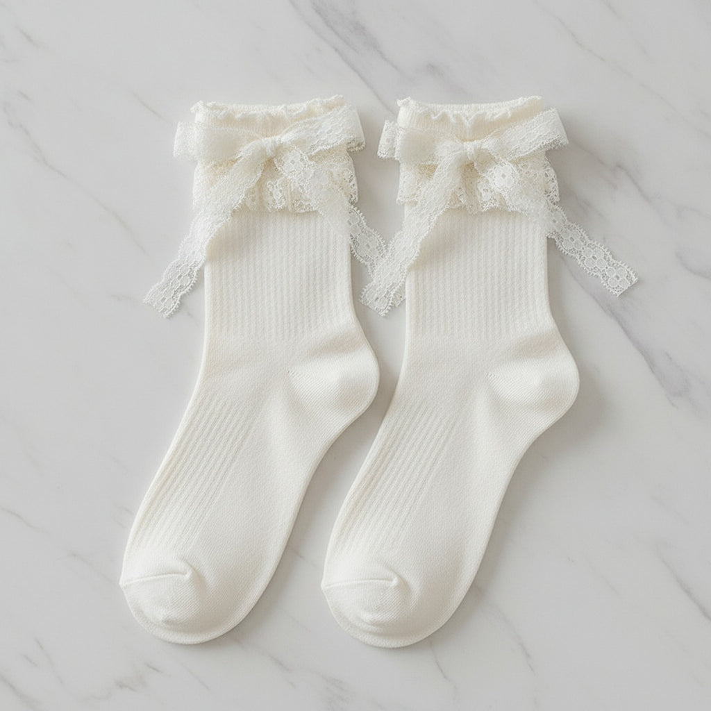 Metallic Ballet Flats with Lace-Trimmed Socks - White