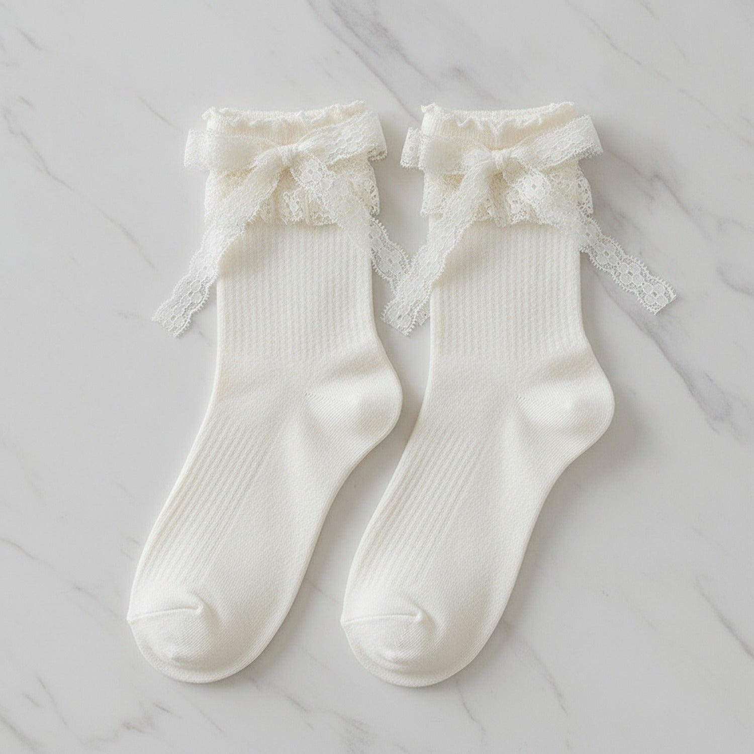 Metallic Ballet Flats with Lace-Trimmed Socks - White