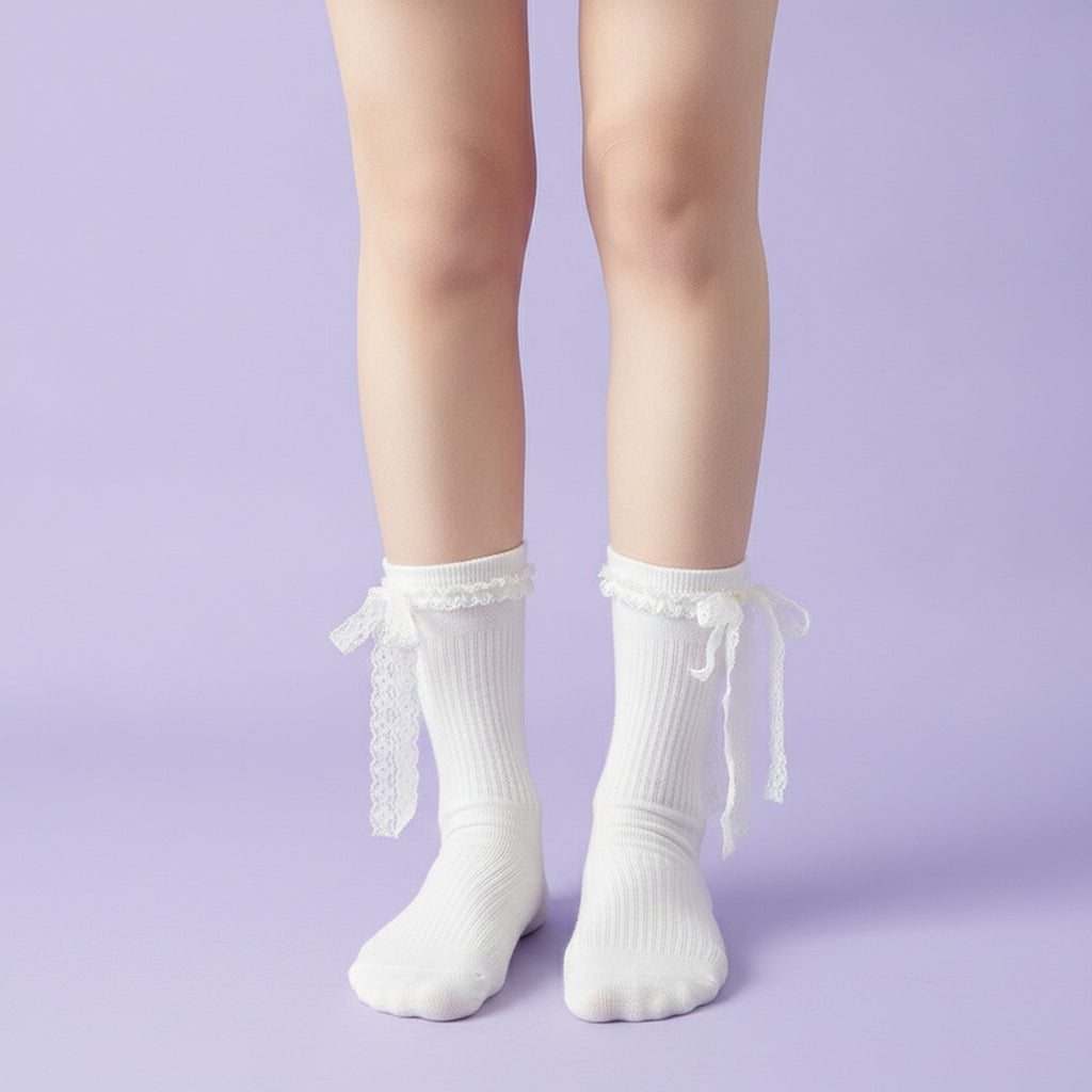 Metallic Ballet Flats with Lace-Trimmed Socks - White