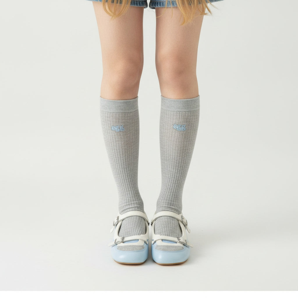 Ribbed Embroidered Logo Crew Socks - Gray & Blue