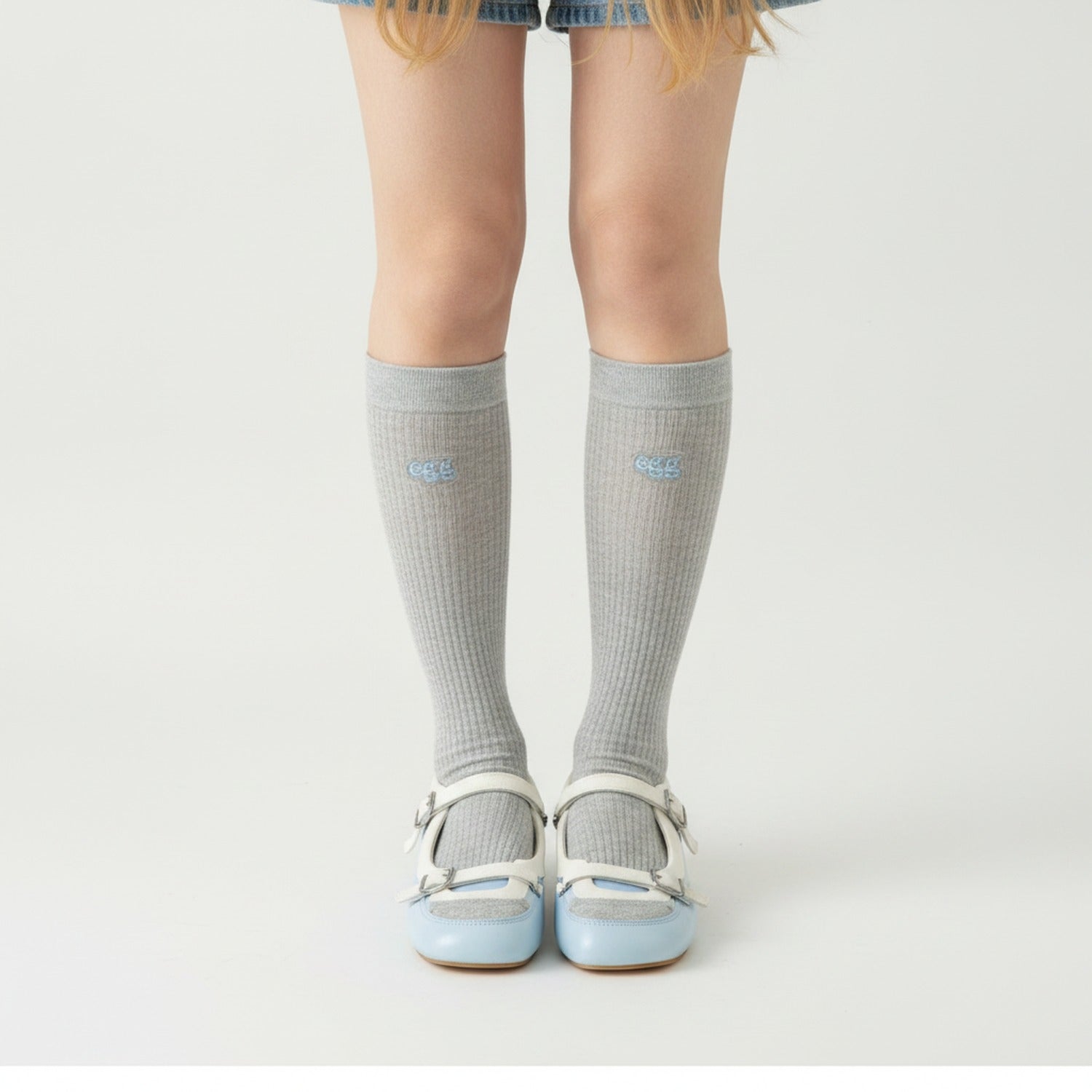 Ribbed Embroidered Logo Crew Socks - Gray & Blue