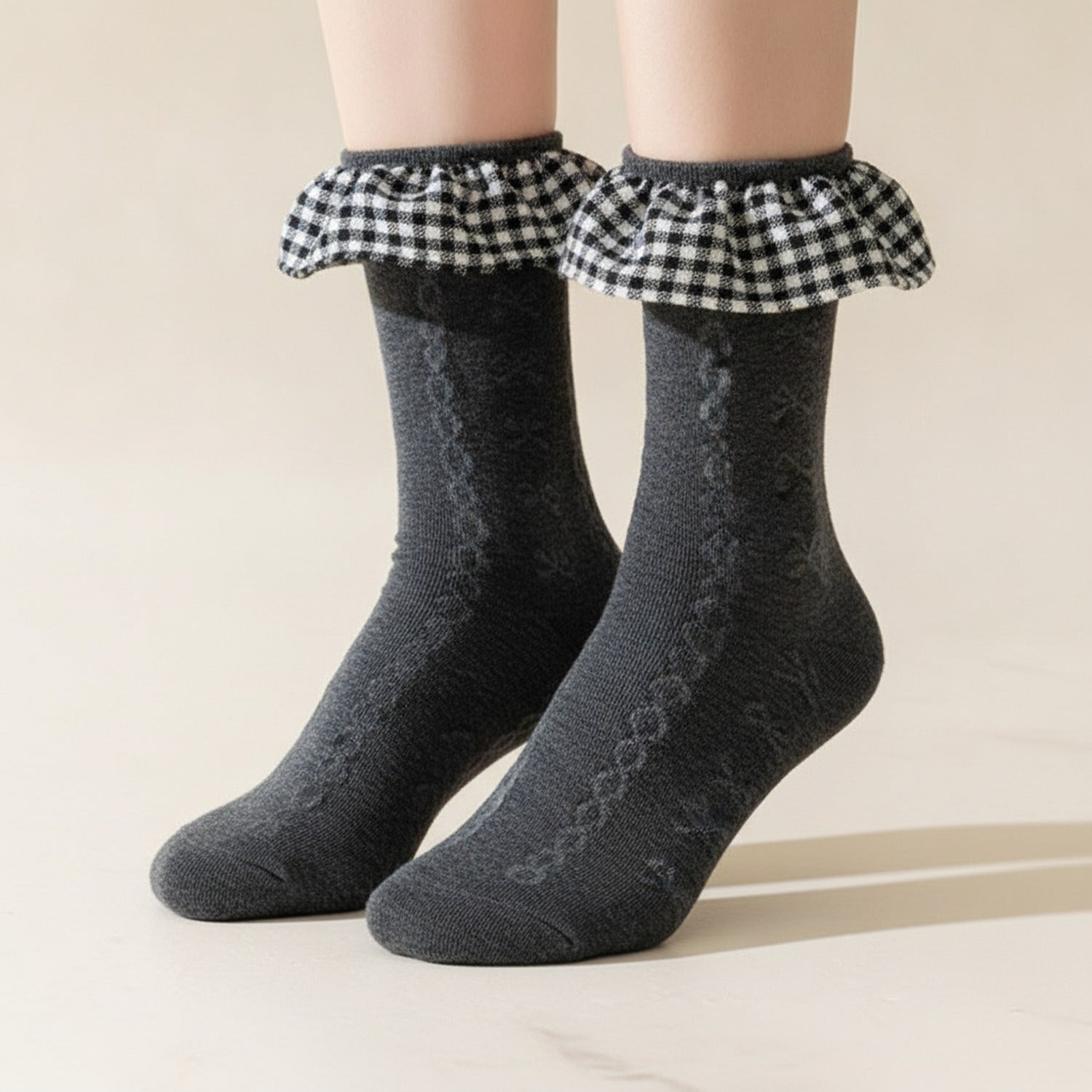 Bow Motif Ruffled Ankle Socks - Dark Gray
