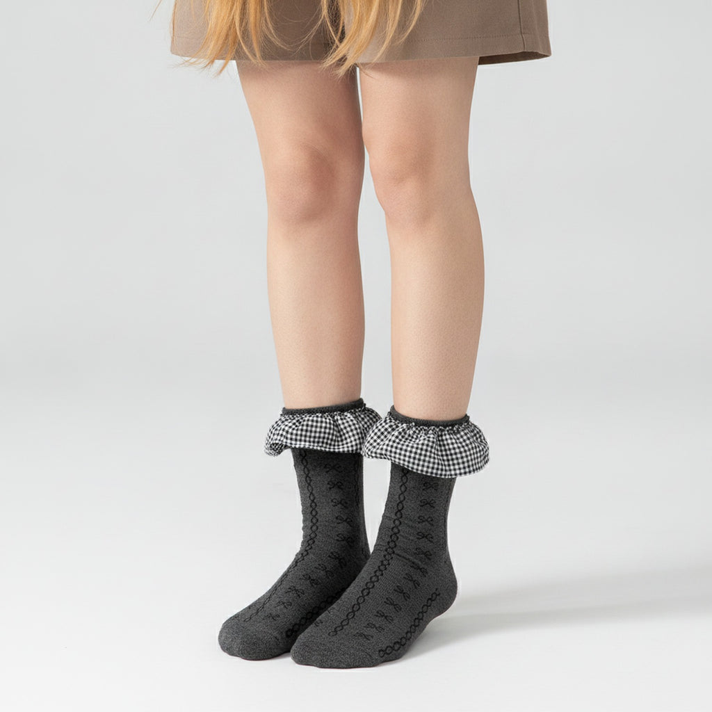 Bow Motif Ruffled Ankle Socks - Dark Gray