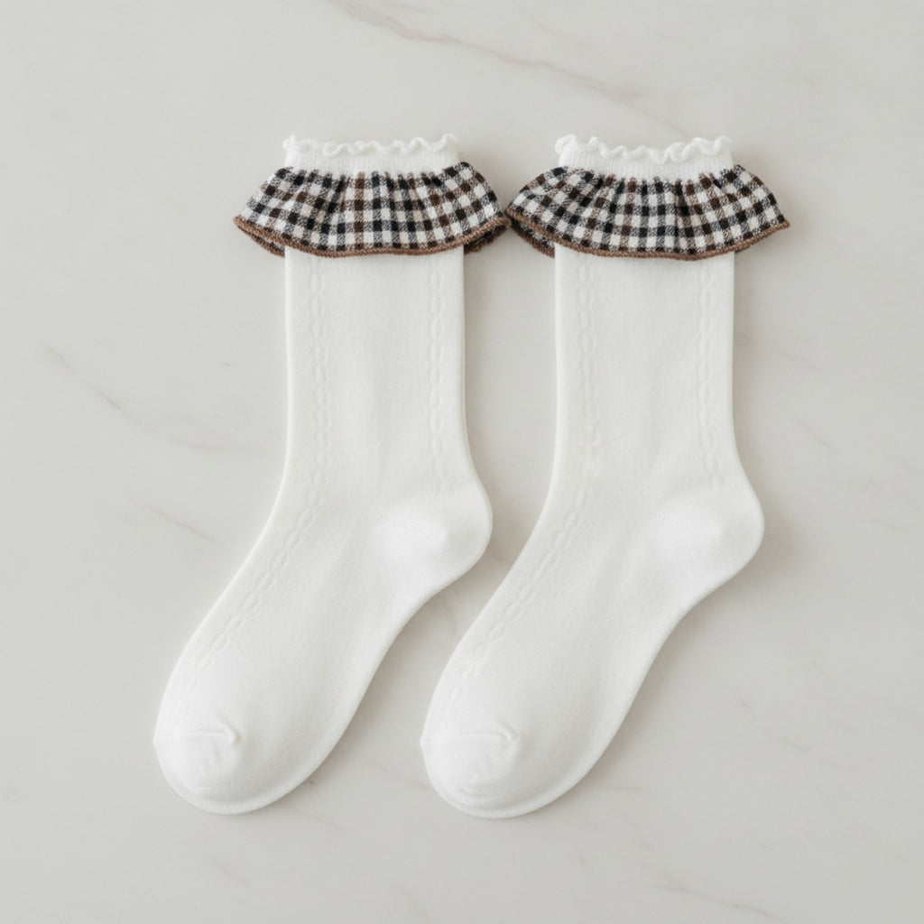White Gingham Ruffle Crew Socks – apparel accessories (view 2)