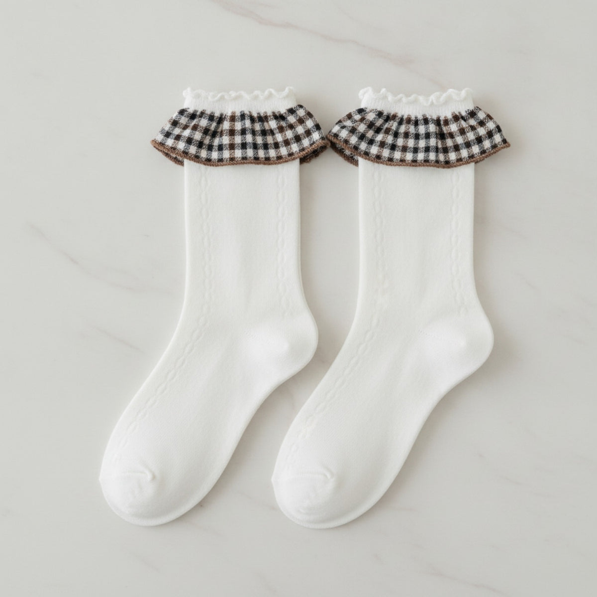 White Gingham Ruffle Crew Socks – apparel accessories (view 2)