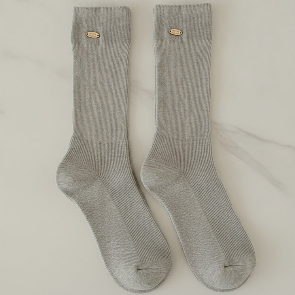 Ribbed Crew Socks With Detail - Light Gray