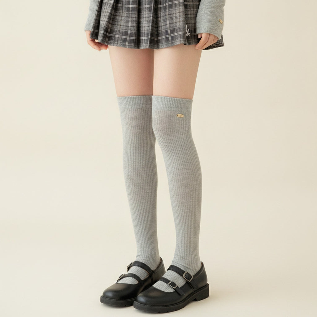 Ribbed Crew Socks With Detail - Light Gray