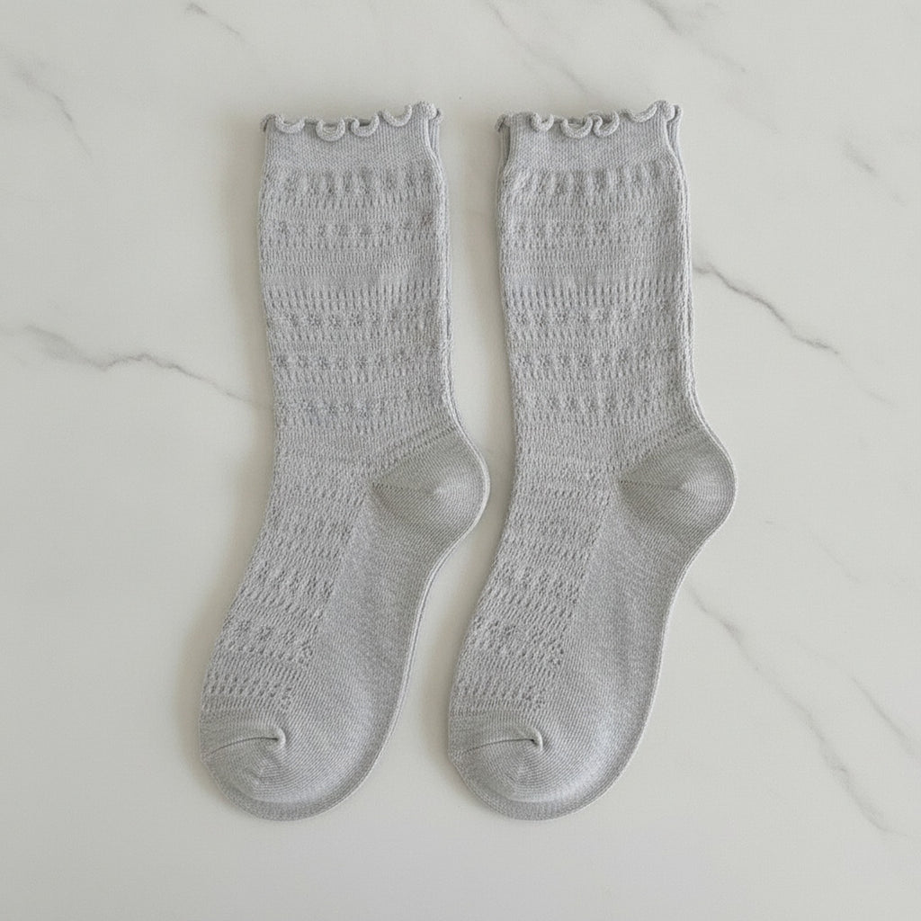 Ruffle Trim Crew Socks - Light Gray