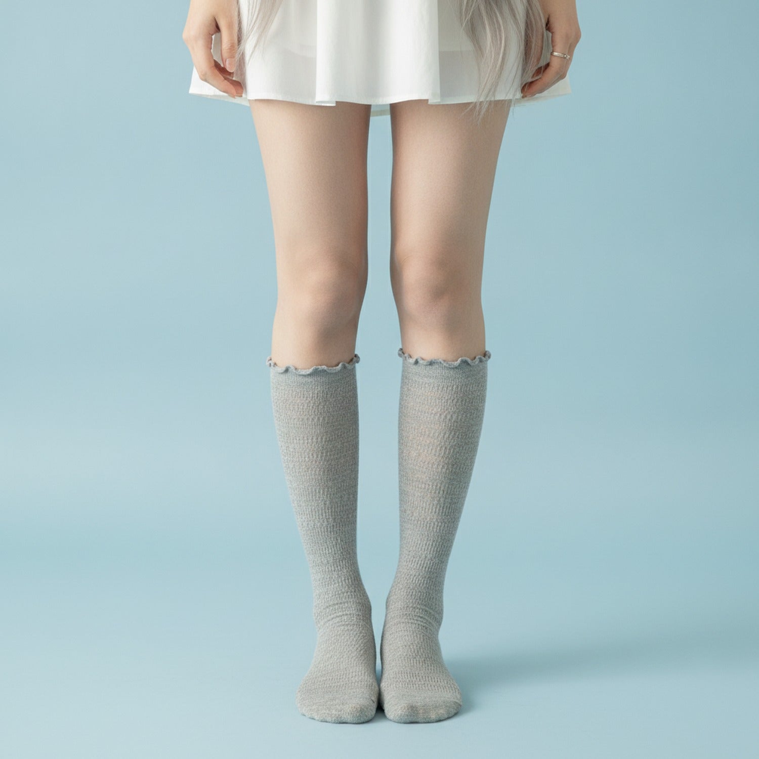 Ruffle Trim Crew Socks - Light Gray