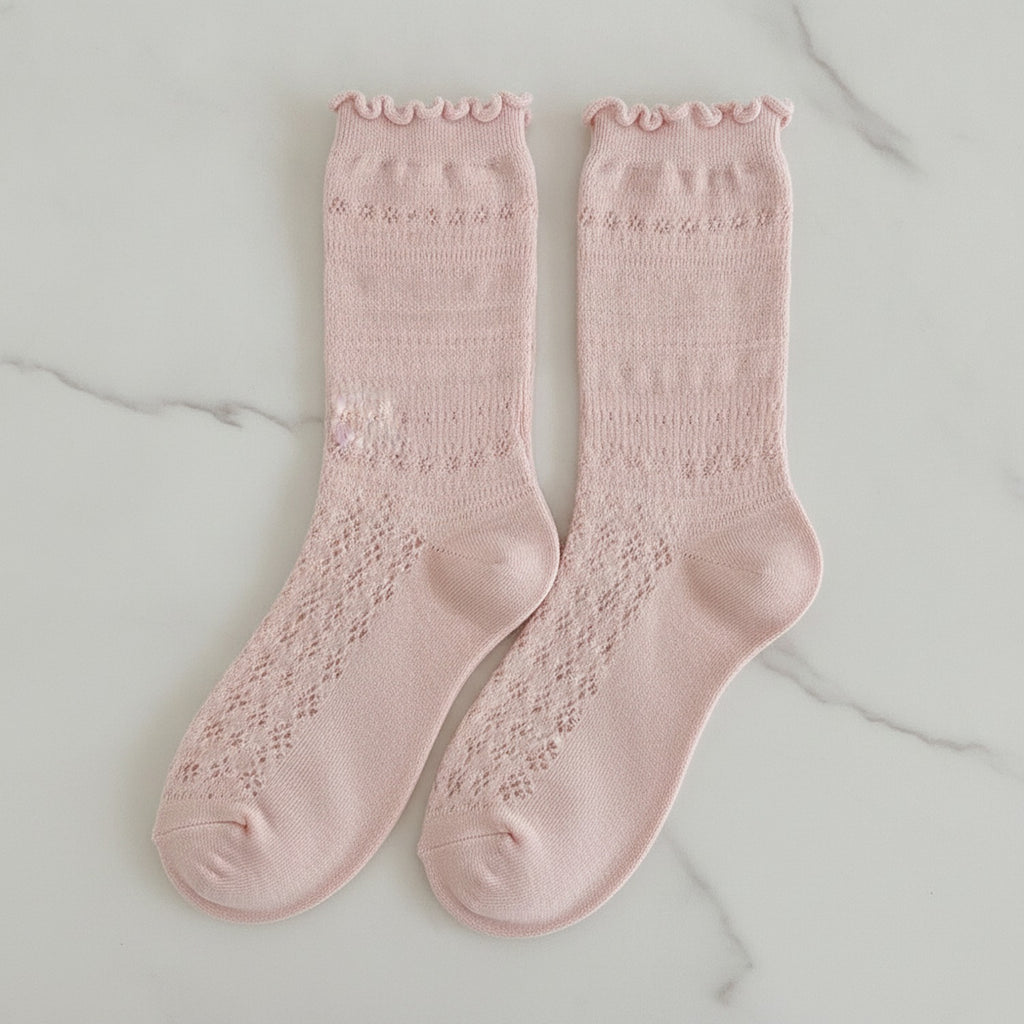 Ruffle Trim Crew Socks - Pink