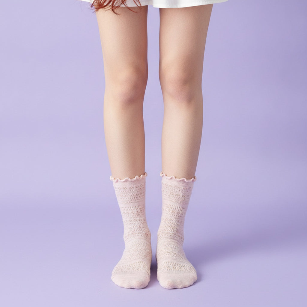 Ruffle Trim Crew Socks - Pink