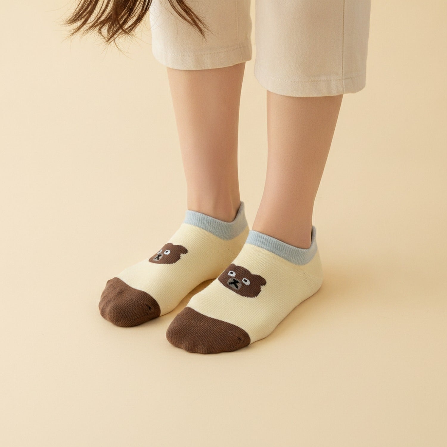 Yellow Bear Print Ankle Socks