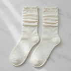 Ruched Crew Socks with Textured Knit Detail - Cream Ruffle