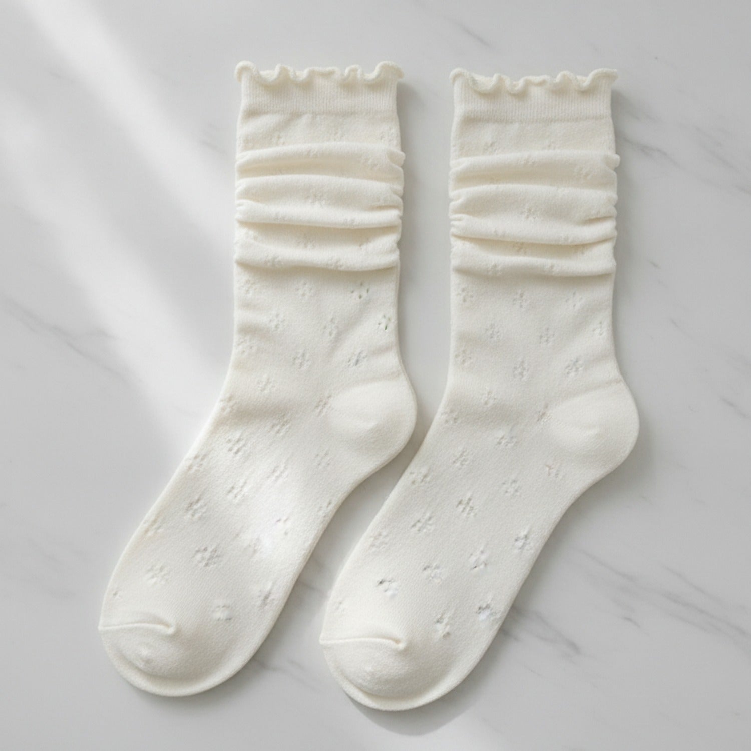 Ruched Crew Socks with Textured Knit Detail - Cream Ruffle