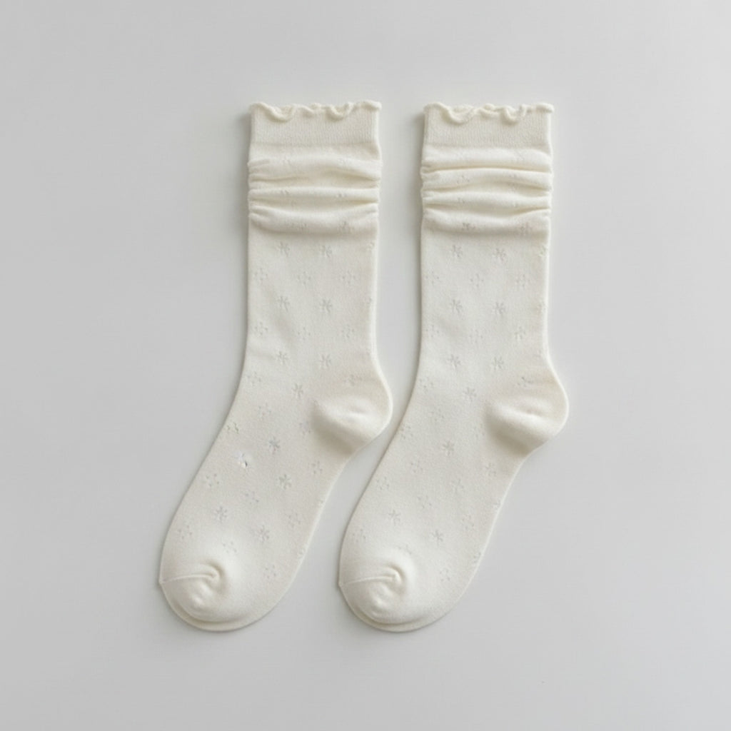 Ruched Crew Socks with Textured Knit Detail - Cream Ruffle